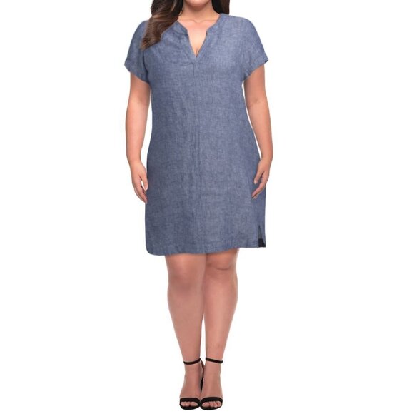 NWT TAHARI Women's Plus Linen Short Sleeve Split Neck Mini Dress - Picture 1 of 5